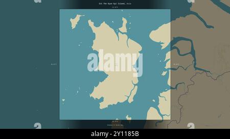 Asseyez-vous l'île Kyun Gyi dans la mer d'Andaman ou de Birmanie, appartenant au Myanmar, décrite et mise en évidence sur une carte topographique de style humanitaire OSM Banque D'Images