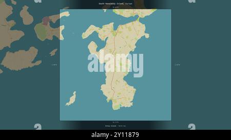 Sud Ronaldsay Island dans la mer du Nord, appartenant au Royaume-Uni, décrit et mis en évidence sur une carte topographique, de style humanitaire OSM Banque D'Images