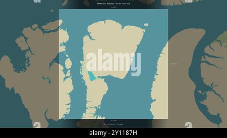 Île Somerset dans les passages du Nord-Ouest, appartenant au Canada, décrite et mise en évidence sur une carte topographique de style humanitaire OSM Banque D'Images