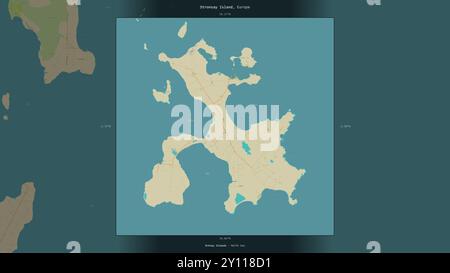 L'île de Stronsay en mer du Nord, appartenant au Royaume-Uni, décrite et mise en évidence sur une carte topographique de style humanitaire OSM Banque D'Images
