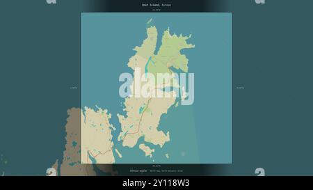 Unst Island en mer du Nord, appartenant au Royaume-Uni, décrite et mise en évidence sur une carte topographique de style humanitaire OSM Banque D'Images