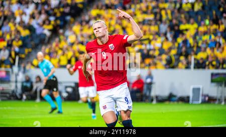 Norvège Erling Haaland célèbre son but lors du match de Ligue des Nations entre la Suède et la Norvège à Friends Arena à Solna le 5 juin 2022 Banque D'Images
