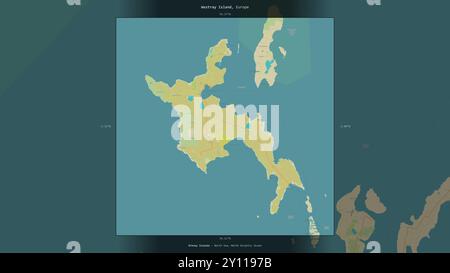 Westray Island en mer du Nord, appartenant au Royaume-Uni, décrit et mis en évidence sur une carte topographique de style humanitaire OSM Banque D'Images