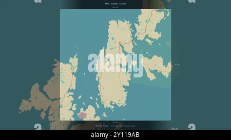 Yell Island dans la mer du Nord, appartenant au Royaume-Uni, décrite et mise en évidence sur une carte topographique de style humanitaire OSM Banque D'Images