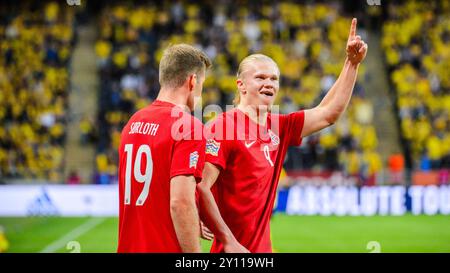 Norvège Erling Haaland célèbre son but lors du match de Ligue des Nations entre la Suède et la Norvège à Friends Arena à Solna le 5 juin 2022 Banque D'Images