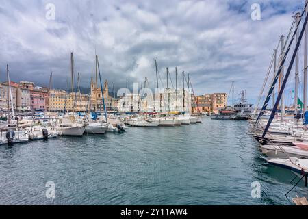 Voiliers et bateaux à moteur amarrés dans le port touristique de Bastia, en arrière-plan l'église et les bâtiments surplombant le port. Bastia, haute-Corse, haute-Corse, France Banque D'Images