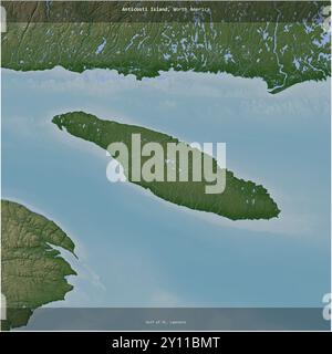 Île d'Anticosti dans le golfe du Saint-Laurent, appartenant au Canada, recadrée en carré sur une carte d'altitude colorée Banque D'Images