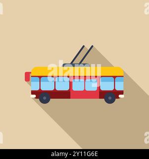 Trolleybus rouge conduisant avec des portes ouvertes dans un design plat avec une longue ombre sur fond beige Illustration de Vecteur