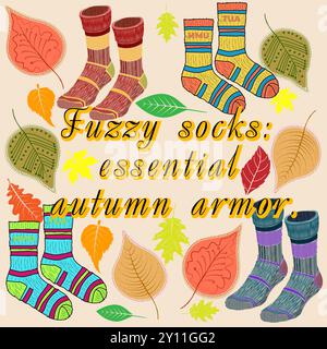 Cette image vibrante met en valeur une collection de chaussettes colorées à motifs, évoquant la chaleur et le confort de l'automne. Placé sur un fond beige doux, Illustration de Vecteur