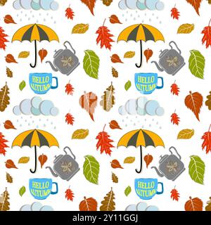 Motif Cozy Autumn Vibes. Ce motif vibrant et confortable capture l'essence de l'automne. Il dispose de mugs vapeur, chapeaux tricotés chauds, chandails confortables, Illustration de Vecteur