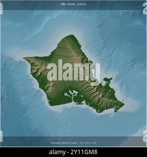 Île d'Oahu dans l'océan Pacifique Nord, appartenant aux États-Unis, recadrée au carré sur une carte d'altitude en couleur Banque D'Images