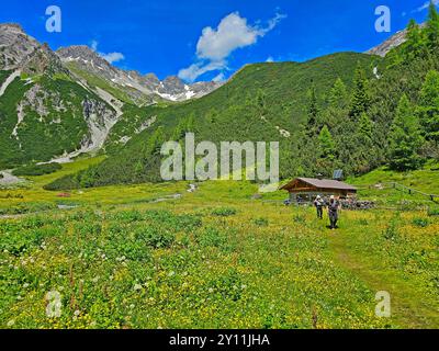 A l'Obere Lochalm sur la descente de la Seescharte dans la Lochbachtal vers Zams, Inntal Alpes, Tyrol, Autriche, sentier de randonnée longue distance E5, traversée alpine d'Oberstdorf à Merano Banque D'Images