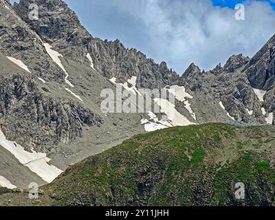 Vue du Memminger Hütte (2242m) à la Seescharte, sentier de randonnée longue distance E5 d'Oberstdorf à Meran, Alpes de Lechtal, Tyrol, Autriche Banque D'Images