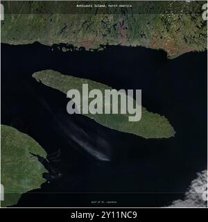 Île d'Anticosti dans le golfe du Saint Laurent, appartenant au Canada, recadrée en carré sur une image satellite prise le 17 septembre 2019 Banque D'Images