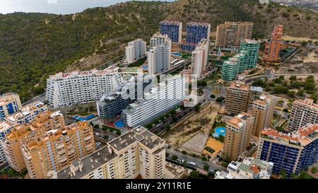 Vue aérienne drone au-dessus de la Cala (la Cala de Finestrat), un joyau côtier tranquille situé à une courte distance des gratte-ciel animés de Benidorm le long de la populaire Costa Blanca espagnole. La large plage de sable doré se courbe doucement dans les eaux turquoises calmes méditerranéennes, encadrées par des hôtels de faible hauteur, des appartements et des collines couvertes de pins. En arrière-plan, le célèbre horizon de Benidorm, composé de gratte-ciel imposants, contraste fortement avec l'ambiance détendue et familiale de la Cala. Un endroit idéal pour des journées paisibles à la plage, nager et profiter de la vue sur la côte depuis le belvédère voisin de Tossal de la Cala. Banque D'Images