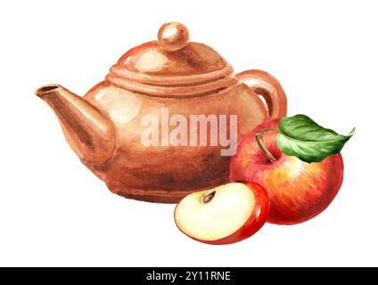Théière en terre cuite et pommes rouges. Illustration d'aquarelle dessinée à la main isolée sur fond blanc Banque D'Images