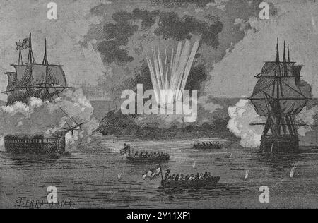 Guerre péninsulaire (1808-1814). Catalogne. Îles Medes. La petite garnison britannique fait exploser le fort que les Français avaient construit sur Meda Gran et quitte les îles dans la nuit du 2 au 3 septembre 1811. Faire sauter les fortifications des îles Medes. Illustration par Serra Pausas. 'Glorias Españolas' (Glories d'Espagne). Volume IV. publié à Barcelone, 1890. Banque D'Images