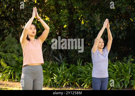 Pratiquer le yoga en plein air, grand-mère asiatique et petite-fille s'étirant et se concentrant sur la respiration Banque D'Images