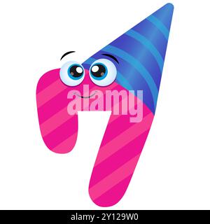Cute Punk Smiling Number Seven en chapeau d'anniversaire bleu. Joyeux anniversaire 7 ans. Conception d'icône d'illustration de personnage de dessin animé plat vectoriel isolé sur b blanc Illustration de Vecteur