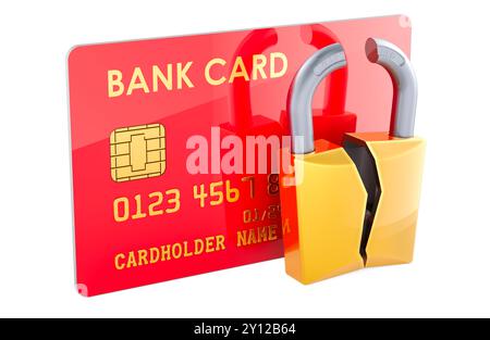 Piratage de carte de crédit, concept. Carte bancaire de crédit avec cadenas cassé, rendu 3D isolé sur fond blanc Banque D'Images