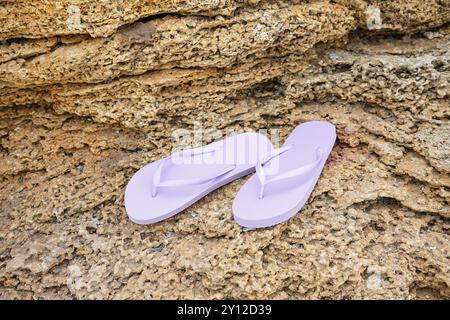 Tongs lilas élégantes sur roche Banque D'Images