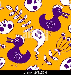 Halloween animaux sans couture crânes et canards modèle pour l'emballage du papier et des tissus et des draps et des vêtements pour enfants imprimés et accessoires de fête d'automne. Hig Banque D'Images