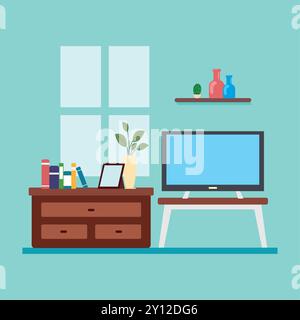 Salon moderne avec TV et bibliothèque décor Vector Illustration de Vecteur