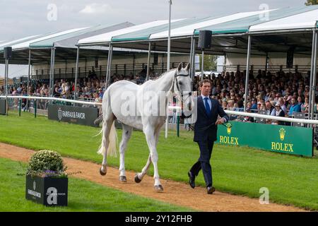 Stamford, Royaume-Uni. 4 septembre 2024. Richard Jones et Alfie's Clover représentent la Grande-Bretagne lors de la première inspection de chevaux aux procès du Defender Burghley Horse Trials de 2024 qui se déroulent dans le domaine de Burghley House à Stamford, Lincolnshire, Angleterre, Royaume-Uni. Crédit : Jonathan Clarke/Alamy Live News Banque D'Images