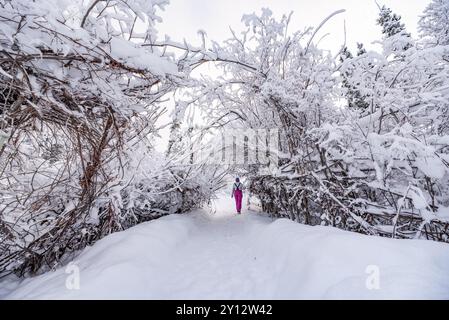 Femme marchant à travers la nature hiver neigeux givré portant du rose, se démarquant du paysage de neige blanche entourant son tunnel de neige dans le froid Banque D'Images