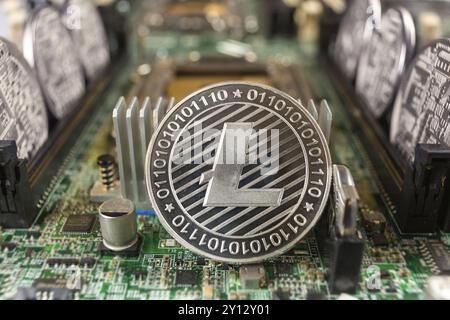 Litecoin gros plan sur une carte mère de circuit informatique en tant que réseau de paiement à technologie blockchain. Concept et minage de crypto-monnaie numérique Banque D'Images