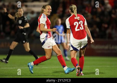 Borehamwood, Royaume-Uni. 04th Sep, 2024. Alessia Russo d'Arsenal Women célèbre son but lors du match de l'UEFA Women's Champions League Round 1 entre Arsenal Women et Rangers Women à Meadow Park, Borehamwood, Angleterre, le 4 septembre 2024. Photo de Joshua Smith. Utilisation éditoriale uniquement, licence requise pour une utilisation commerciale. Aucune utilisation dans les Paris, les jeux ou les publications d'un club/ligue/joueur. Crédit : UK Sports pics Ltd/Alamy Live News Banque D'Images