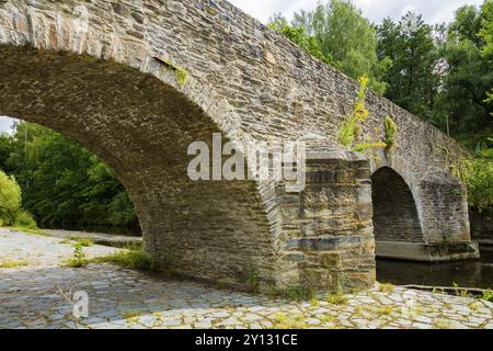 Vieux pont Mulde Pont de pierre construit en 1501 à côté de la route normale du village, les randonneurs et les cyclistes trouveront un pont de pierre historique. Le vieux Mulde hybride Banque D'Images