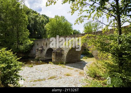 Vieux pont Mulde Pont de pierre construit en 1501 à côté de la route normale du village, les randonneurs et les cyclistes trouveront un pont de pierre historique. Le vieux Mulde hybride Banque D'Images