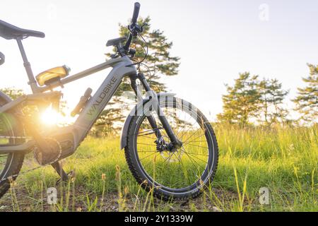 Un vélo se tient sur une piste de terre dans le soleil du soir, entouré par la nature verte, Gechingen, Forêt Noire, Allemagne, Europe Banque D'Images