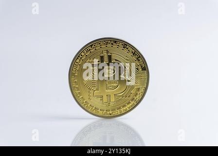 Bitcoin. Crypto monnaie Gold Bitcoin, BTC, bit coin. Macro shot de Bitcoin coins isolés sur fond blanc avec la technologie Reflection Blockchain Banque D'Images