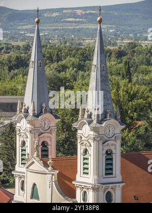 Gros plan de deux tours d'église baroques avec horloges et toits bleus devant un paysage verdoyant, esztergom, danube, hongrie Banque D'Images