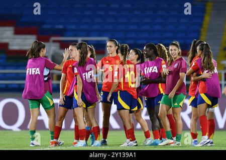 Cali, Colombie. 04th Sep, 2024. Les joueurs d'Espagne célèbrent après le match de la Coupe du monde féminine U-20 du Groupe C FIFA, Colombie 2024 entre le Paraguay et le Maroc, au stade olympique Pascual Guerrero, à Cali, le 04 septembre 2024. Photo : Alejandra Arango/DiaEsportivo/Alamy Live News crédit : DiaEsportivo/Alamy Live News Banque D'Images