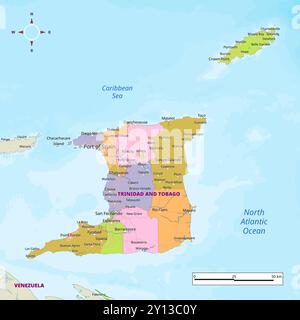 Trinité-et-Tobago carte politique avec capitale , villes, villes, frontières nationales, rivières et lacs. étiquetage Illustration de Vecteur