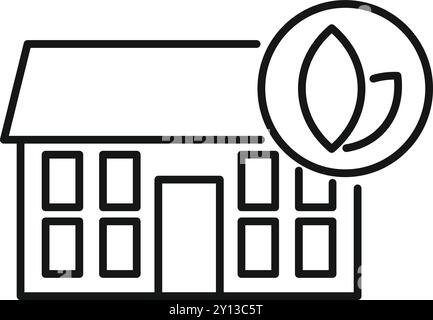 Icône d'art au trait d'un bâtiment avec un symbole de feuille, promouvant une construction respectueuse de l'environnement et des pratiques de vie durables Illustration de Vecteur