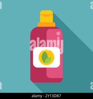 Bouteille cosmétique rose avec un bouchon jaune, décorée d'un logo avec deux feuilles vertes, se tient sur un fond bleu, projetant une longue ombre Illustration de Vecteur