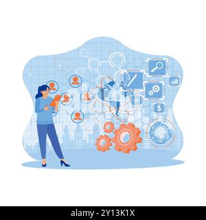 Les gens d'affaires utilisant un téléphone intelligent avec des graphiques d'affaires numériques, des icônes et des globes. Concept de finance et de commerce. Illustration plate vectorielle moderne tendance Illustration de Vecteur