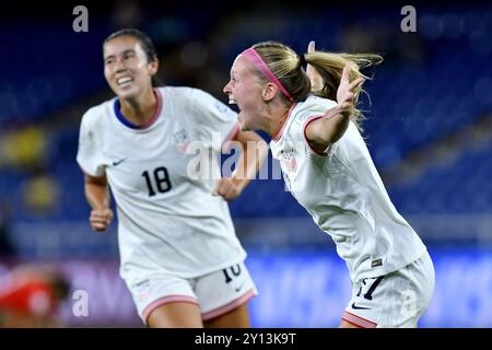 Cali, Colombie. 04th Sep, 2024. Maddie Dahlien, des États-Unis, célèbre après avoir marqué le deuxième but de son équipe lors du match de Coupe du monde féminine U-20 du Groupe C FIFA, Colombie 2024 entre le Maroc et les États-Unis, au stade olympique Pascual Guerrero, à Cali, le 04 septembre 2024. Photo : Alejandra Arango/DiaEsportivo/Alamy Live News crédit : DiaEsportivo/Alamy Live News Banque D'Images
