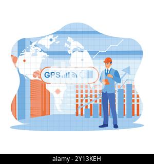 Les gens d'affaires utilisent des tablettes numériques avec des télécommunications créatives modernes et des réseaux Internet. Une carte de navigation GPS et une icône de technologie wifi. Téléobjectif Illustration de Vecteur