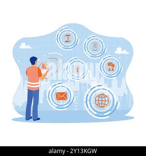 Homme d'affaires main tenant la tablette numérique en utilisant la télécommunication créative moderne et le réseau Internet connecté dans une ville intelligente. Homme d'affaires debout a Illustration de Vecteur