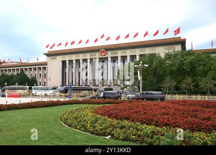 Pékin, Chine. 5 septembre 2024. Cette photo prise le 5 septembre 2024 montre une vue extérieure de la Grande salle du peuple à Pékin, capitale de la Chine. Le Sommet 2024 du Forum sur la coopération Chine-Afrique (FOCAC) s’est ouvert ici jeudi. Crédit : Li He/Xinhua/Alamy Live News Banque D'Images