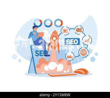 Homme utilisant un ordinateur portable avec hologramme de fusée SEO et icônes SEO sur l'écran de l'ordinateur portable. Startups et marketing digital. Concept SEO. Illustration vectorielle plate. Illustration de Vecteur