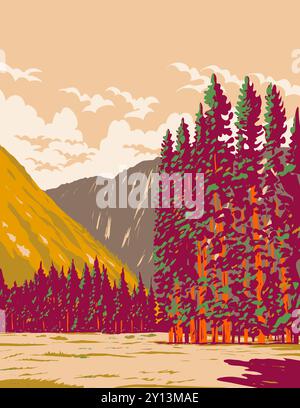 WPA affiche art de Yosemite Valley ou Ahwahnee Valley dans le parc national de Yosemite dans l'ouest des montagnes de la Sierra Nevada en Californie, États-Unis de Illustration de Vecteur