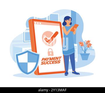 Les jeunes femmes utilisent des smartphones pour faire des achats en ligne. La femme effectue des transactions en ligne pour sa commande. Concept de confirmation de commande. Illustration vectorielle plate Illustration de Vecteur