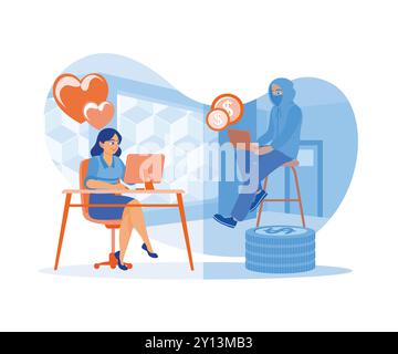 Jeune femme datant en ligne avec faux petit ami sur ordinateur. Fraude sur Internet. Concept de rencontres en ligne. Illustration vectorielle plate. Illustration de Vecteur