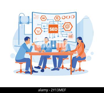 Les chefs d'entreprise et l'équipe marketing se réunissent dans une salle de conférence. Discute des systèmes de marketing numérique en optimisant les moteurs de recherche SEO. CON. SEO Illustration de Vecteur